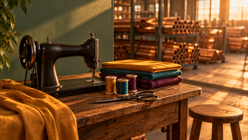 A plain sewing machine and folded fabric in front of a warmly lit workshop of copper tubes.