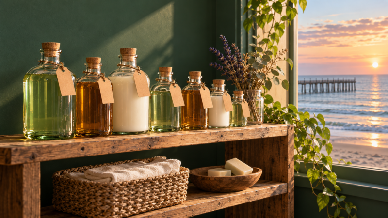 Refillable glass bottles with blank tags on a wooden shelf beside a seaside window.