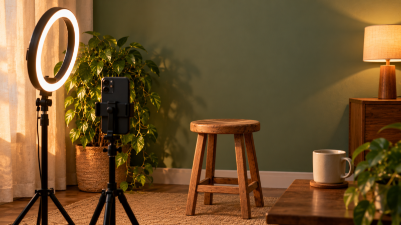 A phone on a tripod beside a ring light and an empty stool in a cosy corner.