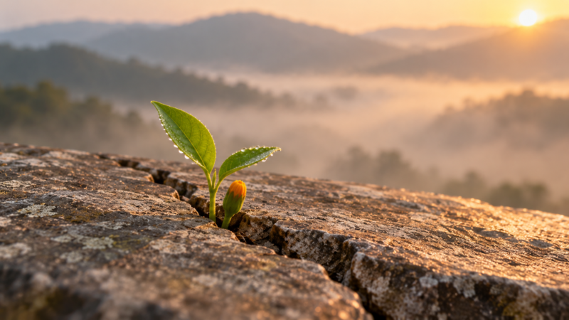 A green shoot with a small bud growing through a crack in a stone slab.