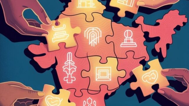 Hands of multiple people placing glowing puzzle pieces together to form a stylized map of India, each piece adorned with startup logos—minimal line art with a modern tech feel.