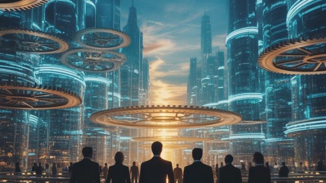 A futuristic city skyline made of interconnected light beams and gears, with silhouettes of entrepreneurs walking toward a glowing horizon—cinematic, semi‑realistic style.