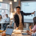 A dynamic Indian startup founder presenting a pitch deck to angel investors in a bright, modern co‑working space, with charts and enthusiasm on display.