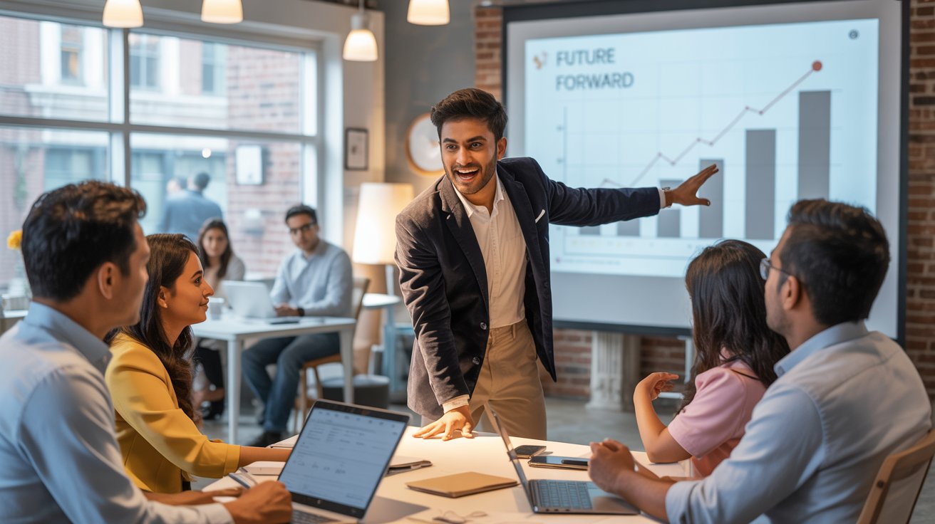 A dynamic Indian startup founder presenting a pitch deck to angel investors in a bright, modern co‑working space, with charts and enthusiasm on display.