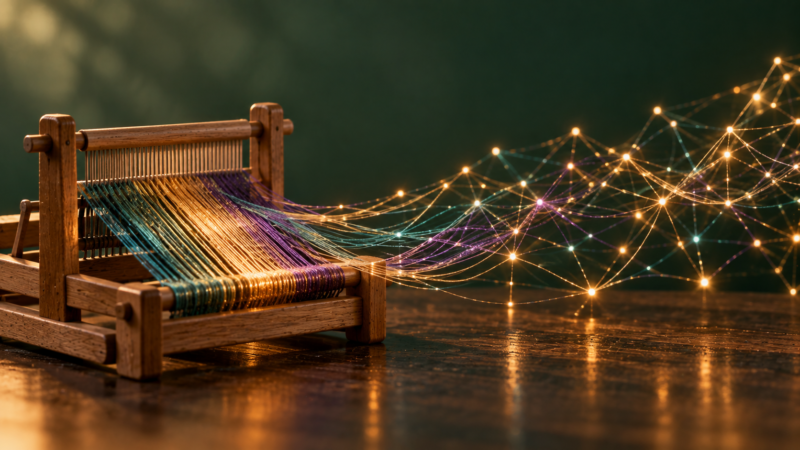 Glowing threads on a small loom forming a network of connected lights.